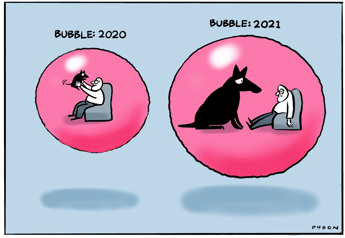 Two bubbles. One is Bubble: 2020 and one is Bubble: 2021. In Bubble: 2020 a happy man holds up a puppy. In Bubble: 2021 the dog is huge and the man looks sad. 