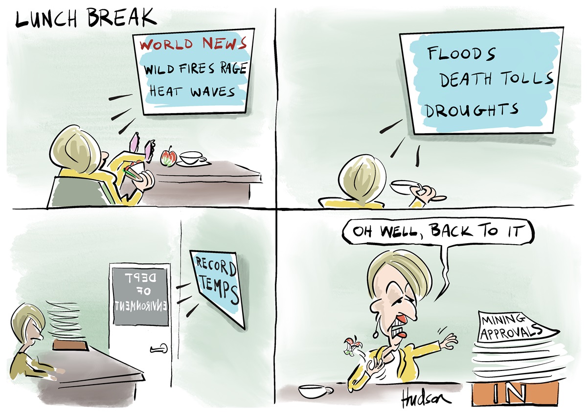 Four panels of Tanya Plibersek at her desk. First three, she eats lunch while watching headlines about natural disasters. Final panel, she says 'Oh well, back to it', reaching for papers marked 'Mining approvals'.