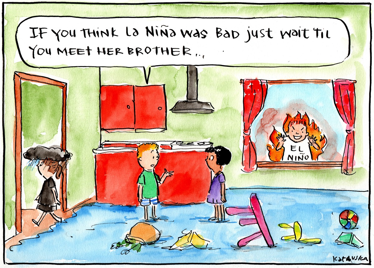 A girl in black with a raincloud over her head leaves a room with two kids ankle-deep in water. One says, 'If you think La Nina was bad, just wait 'til you meet her brother'. A flaming boy called 'El Nino' looks in the window.