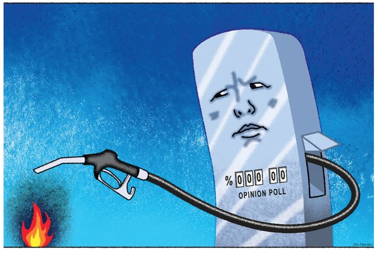 A fuel pump with Peter Dutton's face and a meter labelled 'opinion poll' that reads 'O%' pours fuel on to a small fire. 