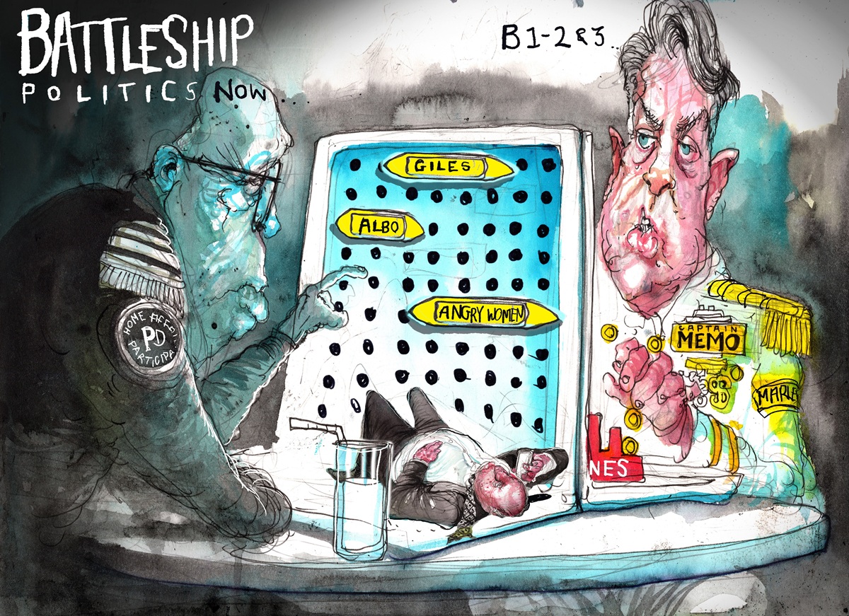 Text reads, 'Battleship Politics.' Leader of the Opposition Peter Dutton and Defence Minister Richard Marles play the boardgame Battleships. On Dutton's side are ships labelled 'Giles', 'Albo' and 'Angry women,' and on the board lies a drunk Barnaby Joyce. 