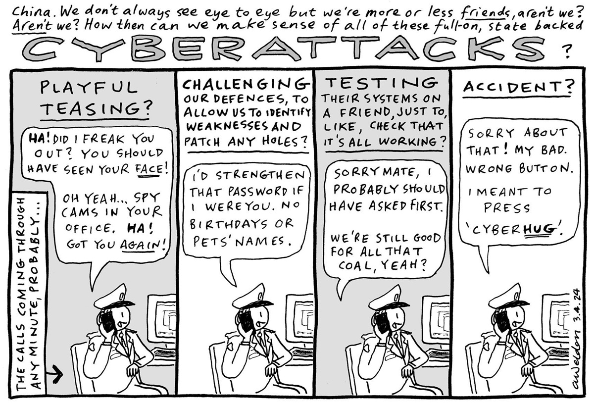 A four-panel comic in which a person in military uniform sits in front of a computer and is on the phone joking about hacking someone's computer. Text at the top reads, 'China. We don't always see eye to eye but we're more or less friends, aren't we? Aren't we? How then can we make sense of all of these full-on, state backed cyberattacks?'    