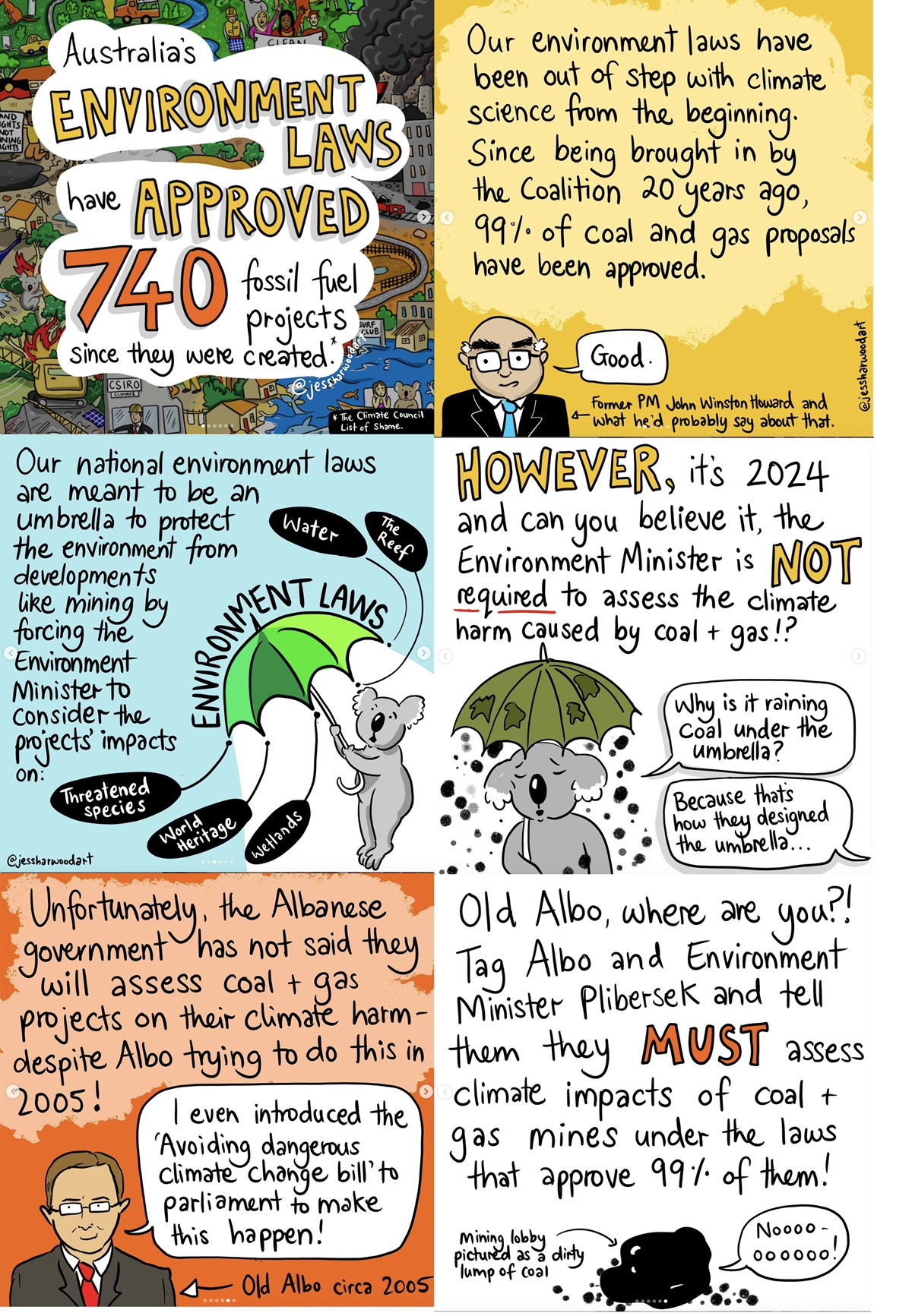 A long comic talks about Australia's environmental laws, which have approved 740 fossil fuel projects since they were created. The last panel reads, 'Old Albo, where are you? Tag Albo and Environment Minister Plibersek and tell them they must assess climate impacts of coal and gas mines under the laws that approve 99% of them.' 