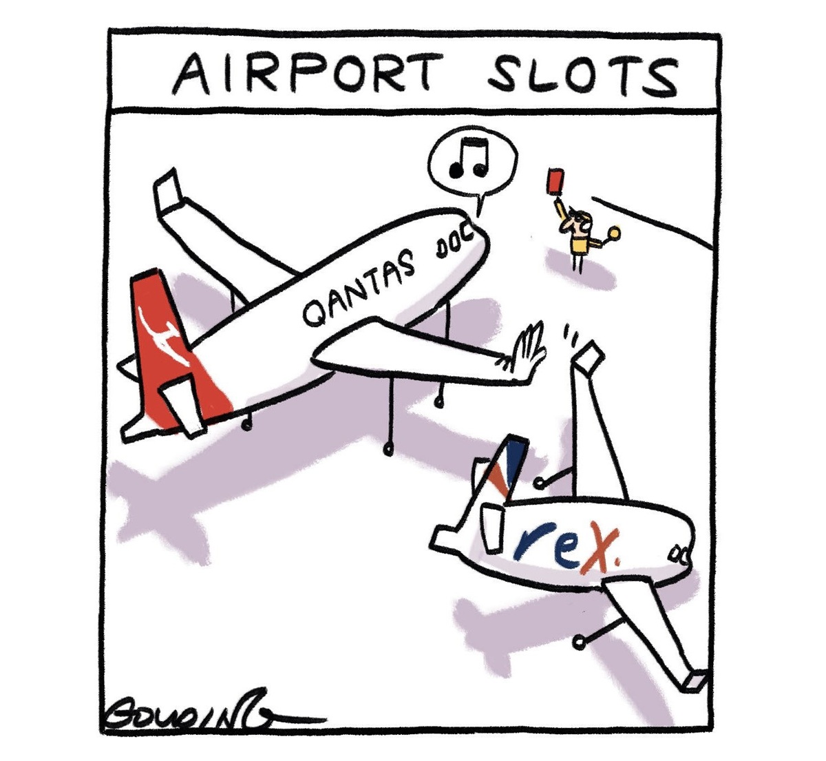 Text reads, 'Airport slots.' A large Qantas plane whistles and holds up a hand at a small Rex plane, which veers off to the side. 