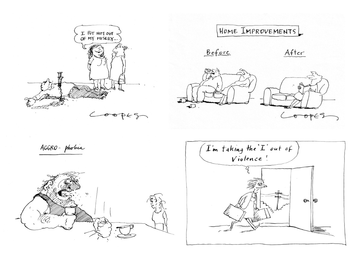 A 4-panel comic shows various scenes of domestic violence. In one, a woman says 'I put him out of my misery' and has stabbed her partner. In another, text reads, 'Home improvements' and shows a woman happily on the couch, now alone. In the third, text reads, 'Aggro-phobia' and shows a loud drunk man and a small woman. In the final panel, a bruised woman is leaving and says, 'I'm taking the I out of violence.' 