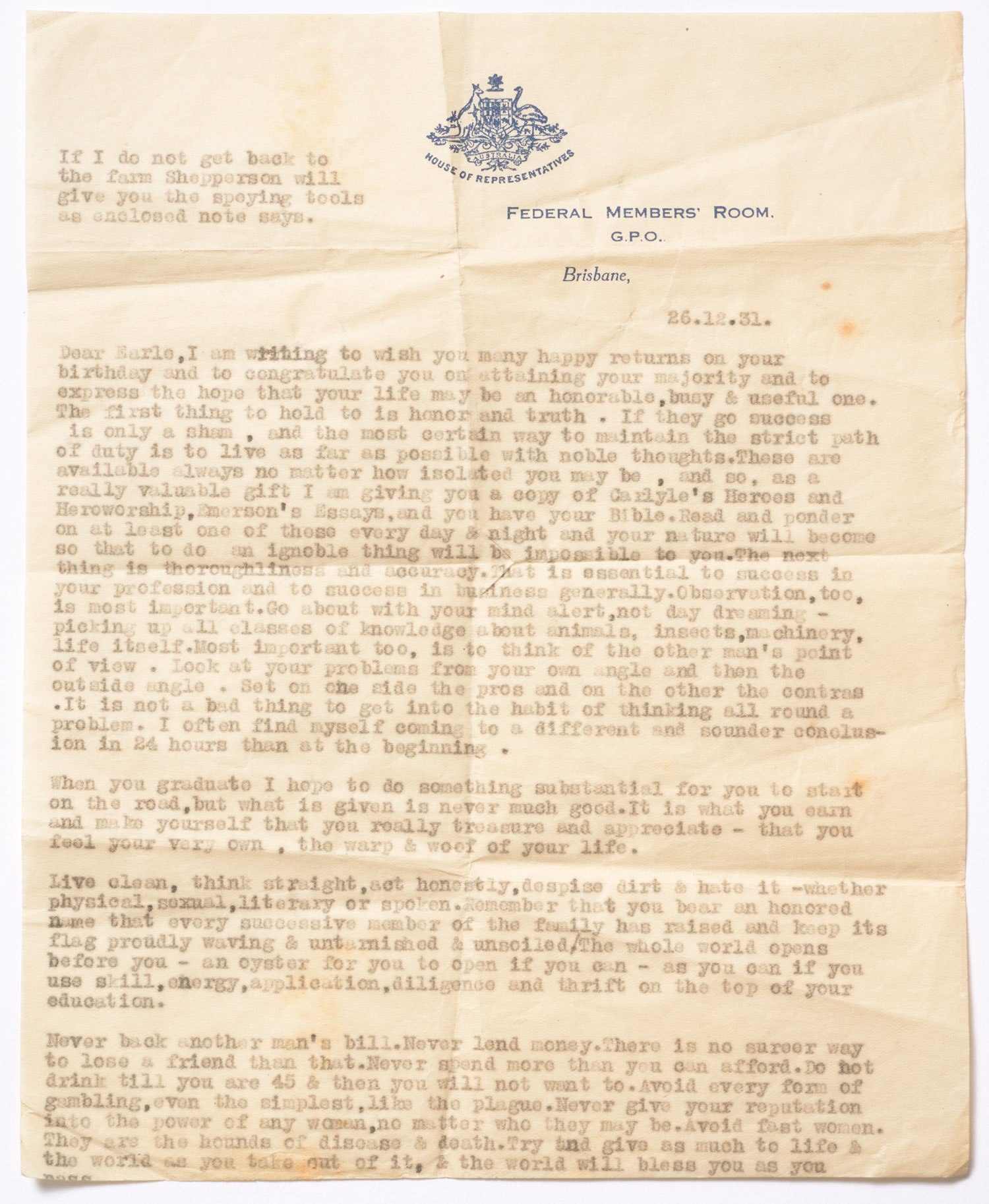 An old typewritten letter on aged paper from Earle Page to his son dated 26 December 1931. A blue House of Representatives crest is at the top.