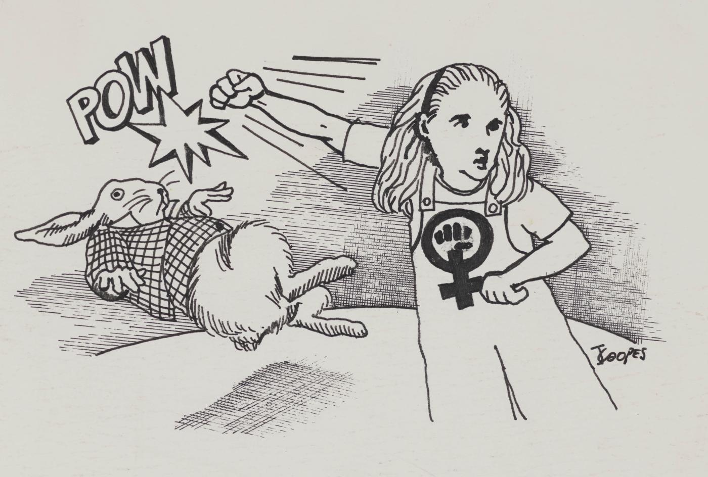 Jenny Coopes cartoon in The National Times 1978; A feminist Alice in Wonderland punches a white rabbit