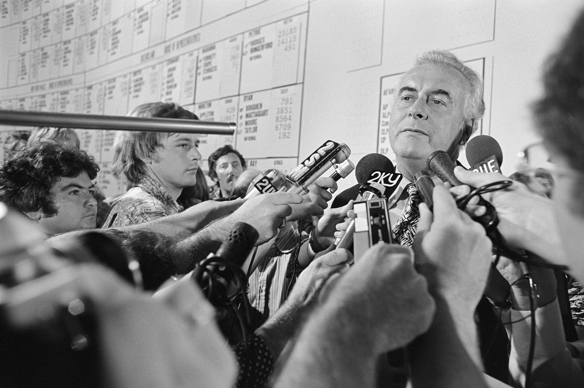 Gough Whitlam with microphones in his face stands in front of the 1975 election results tally board in the National Tally Room.