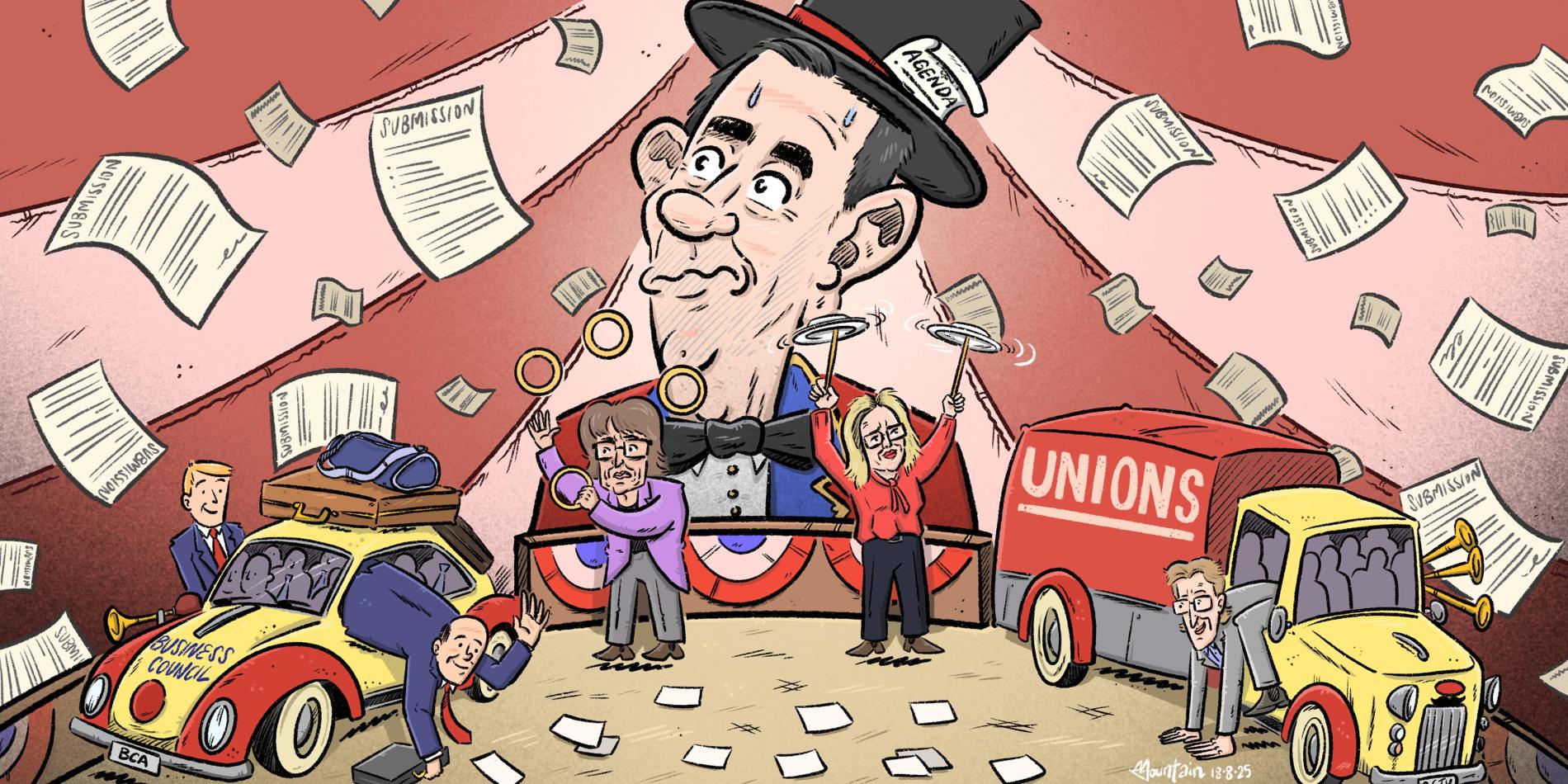 In a circus tent, the giant head of Treasurer Jim Chalmers looks over clown cars labelled 'Business council' and 'ACTU' while politicians juggle rings and plates. 