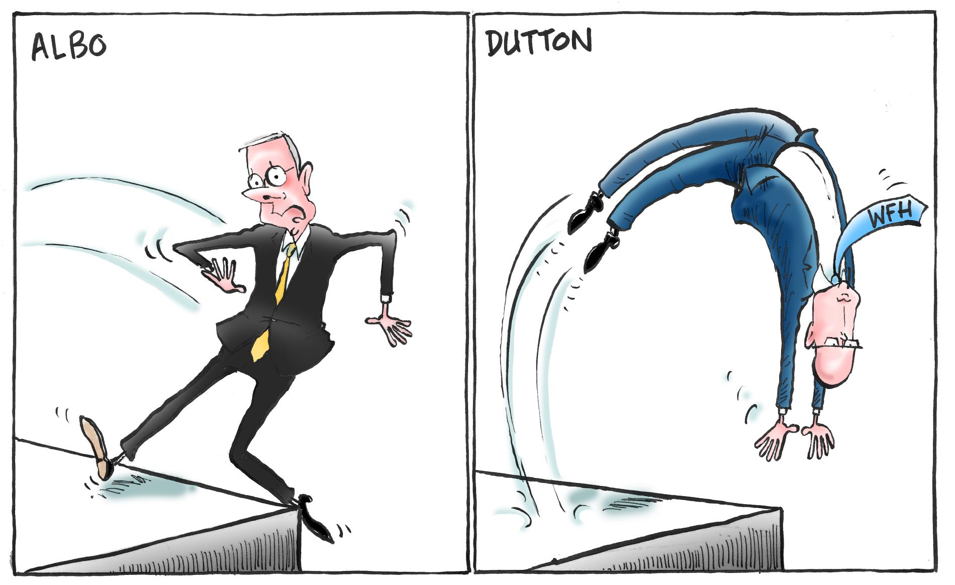One panel shows PM Anthony Albanese stepping backwards off a ledge. The next panel former Liberal leader Peter Dutton backflips off the same ledge. 