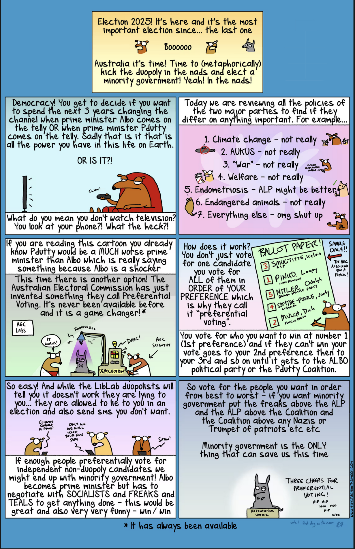 A First Dog on the Moon comic explains preferential voting in the 2025 election through small Australian animals. He urges everyone to vote in order of their preferences so the nation could end up with a minority government. 