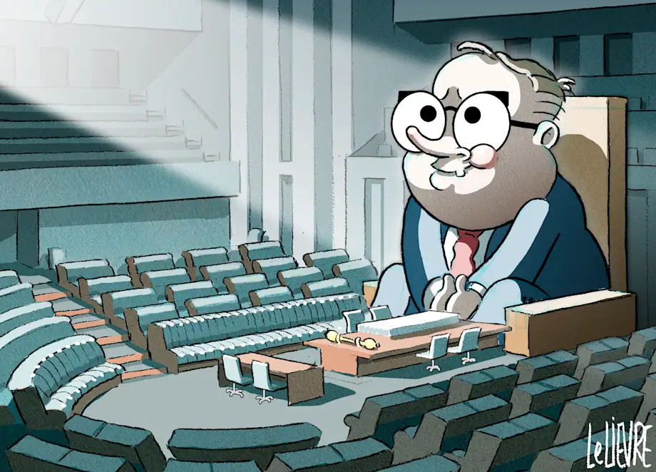 PM Anthony Albanese sits alone in parliament depicted as a giant figure with the sun beaming on his face.