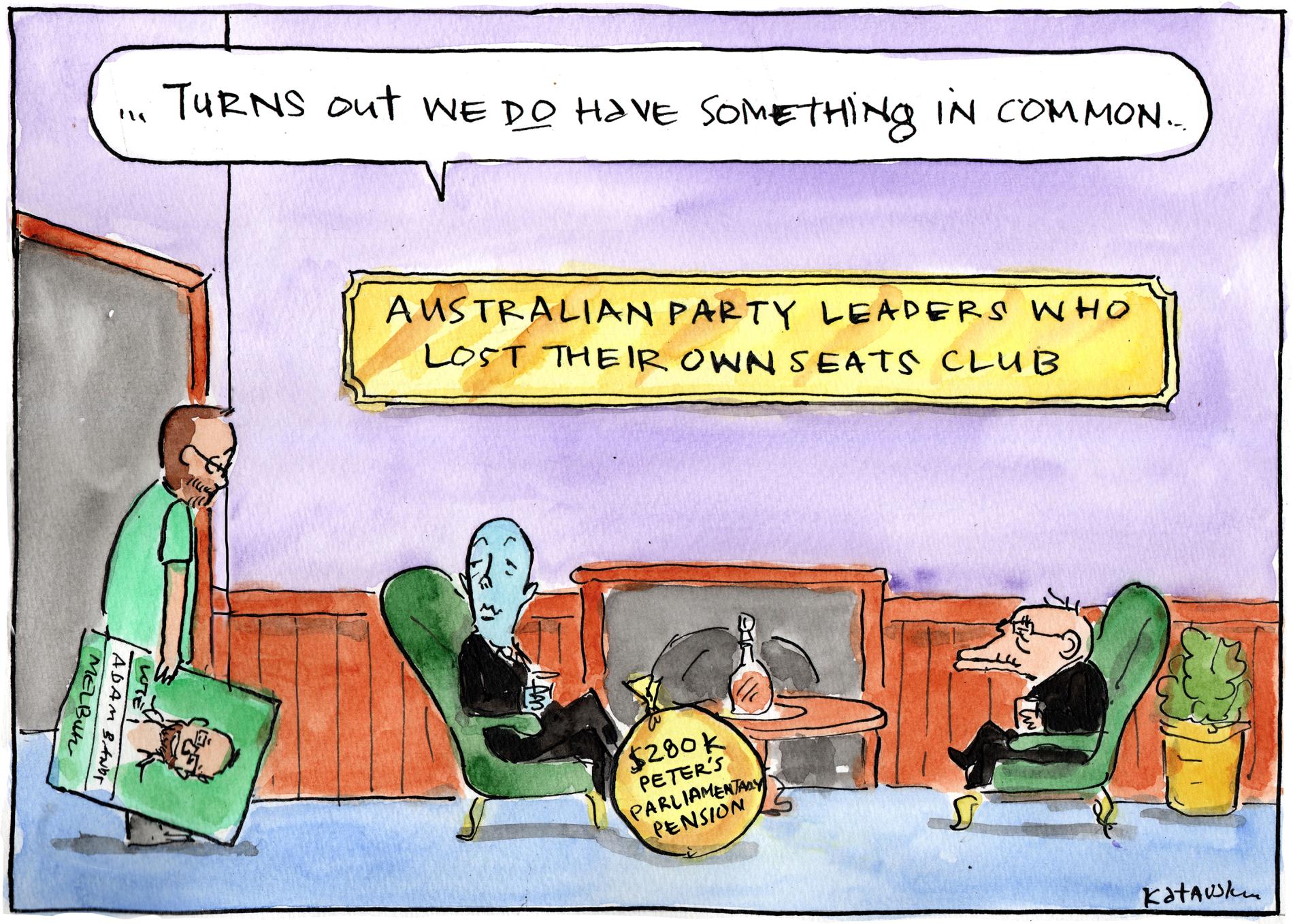 A sign says, 'Australian Party Leaders who lost their own seats club.' Peter Dutton welcomes former Greens leader Adam Bandt.  