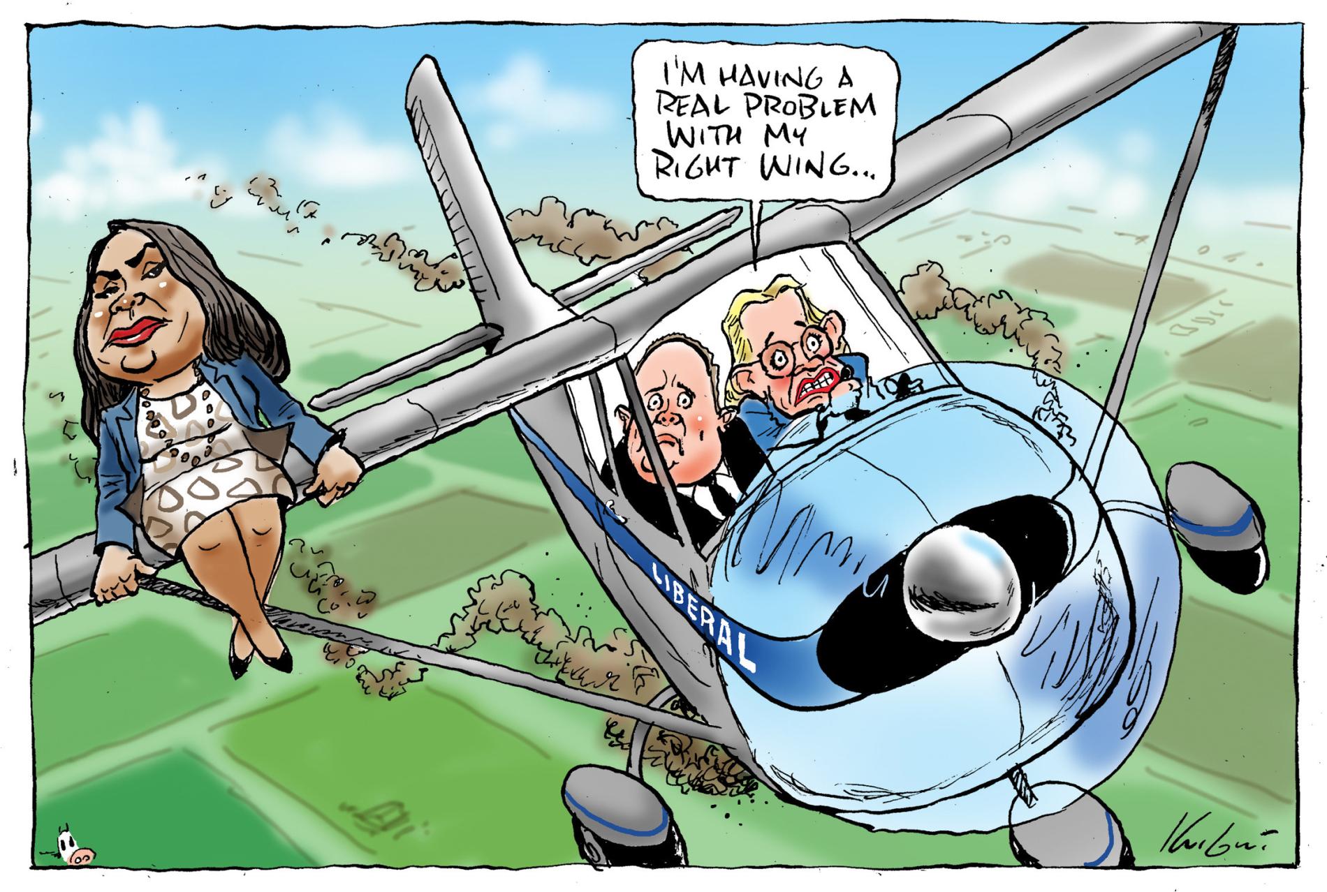 Liberal leader Sussan Ley drives a small biplane with deputy Ted O'Brien. Senator Jacinta Nampijinpa Price sits on one wing, weighing it down. Ley says, 'I'm having a real problem with my right wing.'  