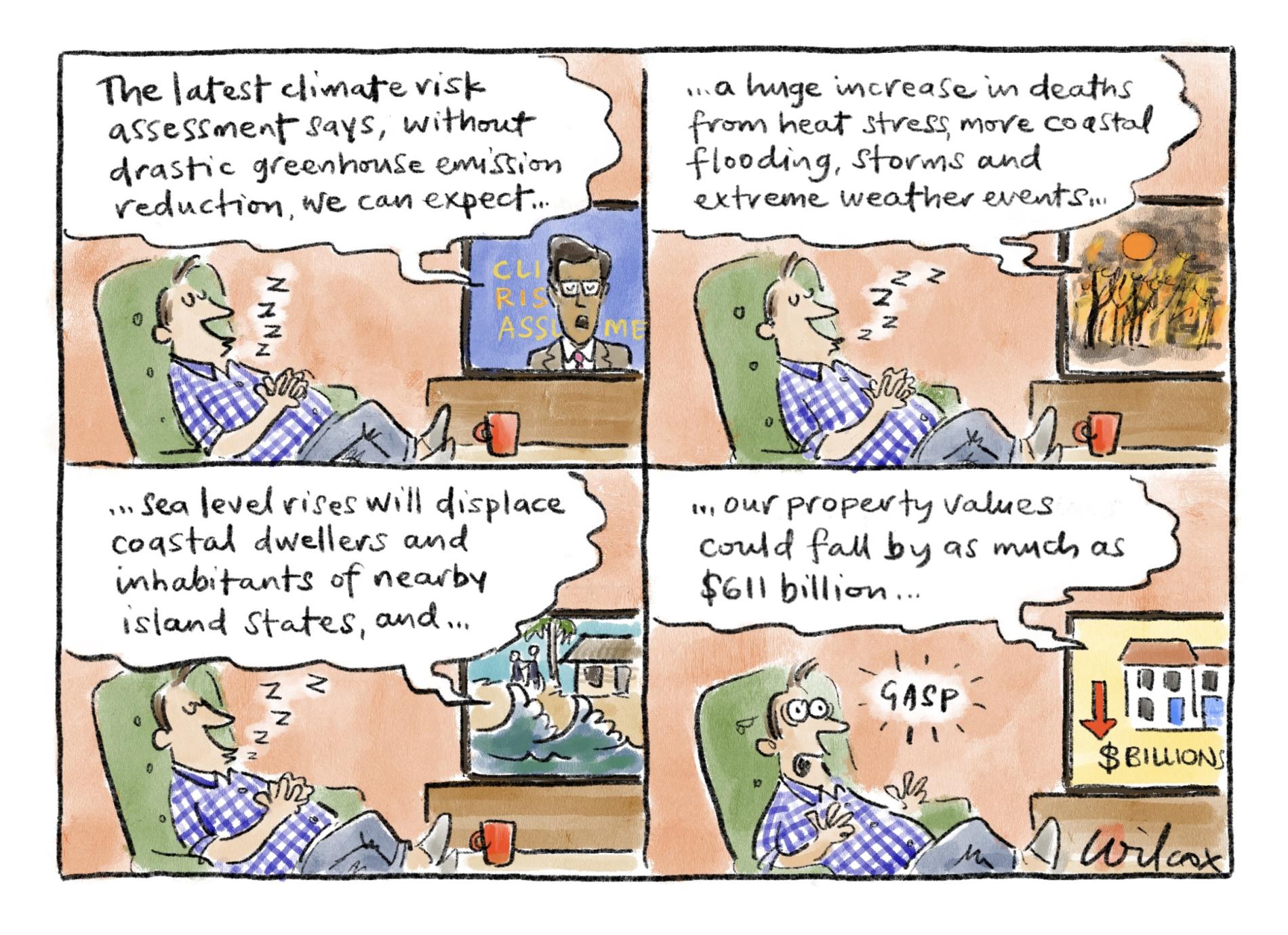 A man sleeps through a news presenter discussing risks associated with climate change until falling house prices are mentioned; he awakens with a gasp. 