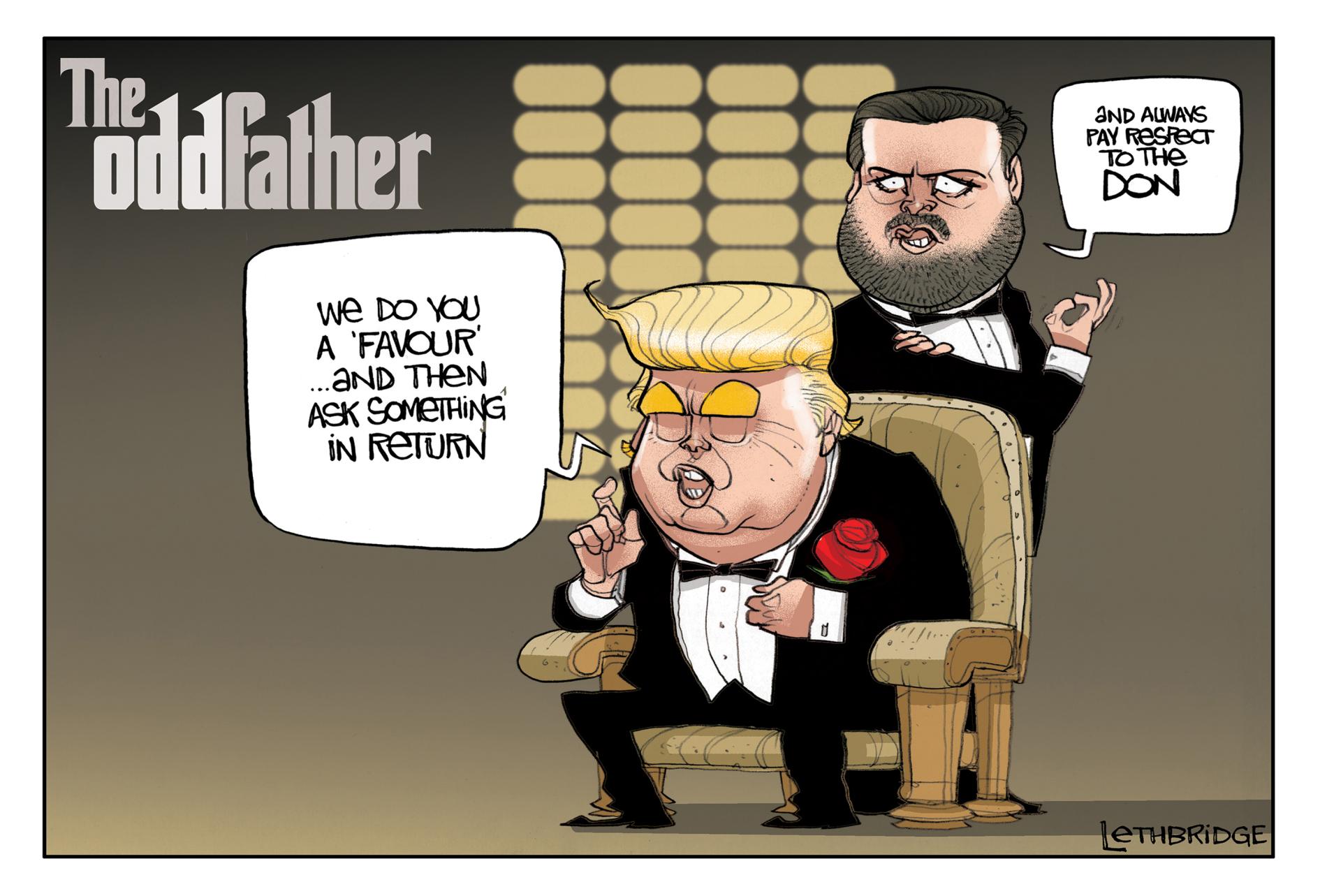 In the style of the Godfather, the title reads, 'The Odd father.' US President Donald Trump says, 'We do you a favour and then ask something in return.' Vice President JD Vance says, 'And always pay respect to the Don.' 