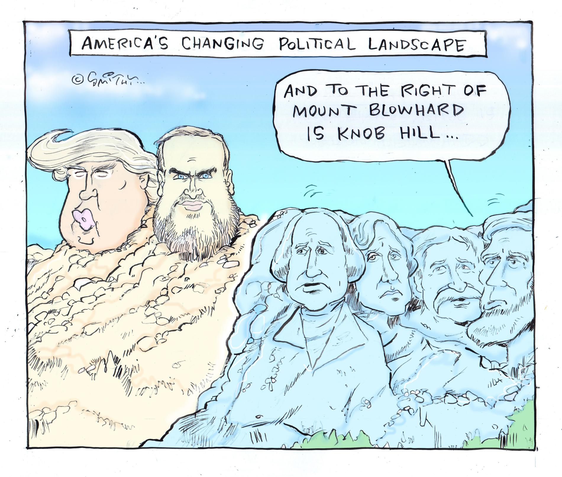 The title reads, 'America's changing political landscape.' Beside Mount Rushmore is a larger sculpture of US President Donald Trump and Vice President JD Vance’s heads. President Lincoln's head says, 'And to the right of Mount Blowhard is Knob Hill…' 