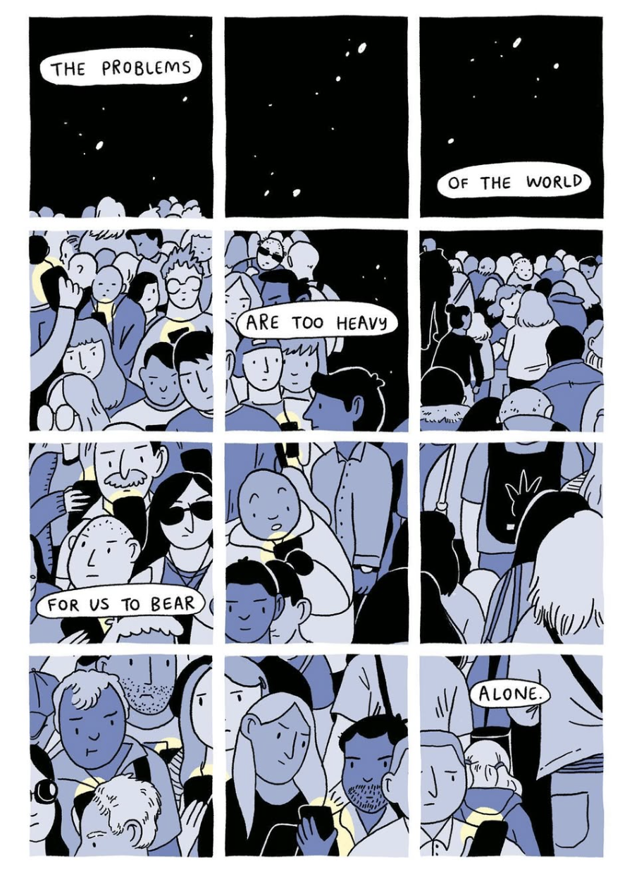 A crowd of people at night look at their phones. Text reads, 'The problems of the world are too heavy for us to bear alone.' 