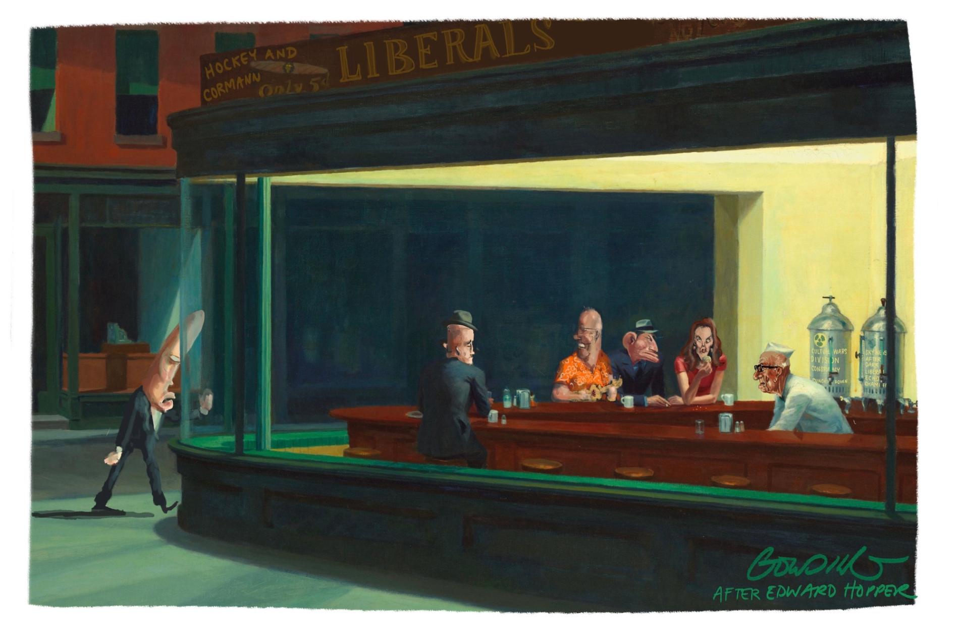 A painting in the style of Edward Hopper's Nighthawks shows former Australian prime ministers at a bar, with someone tapping on the window. 