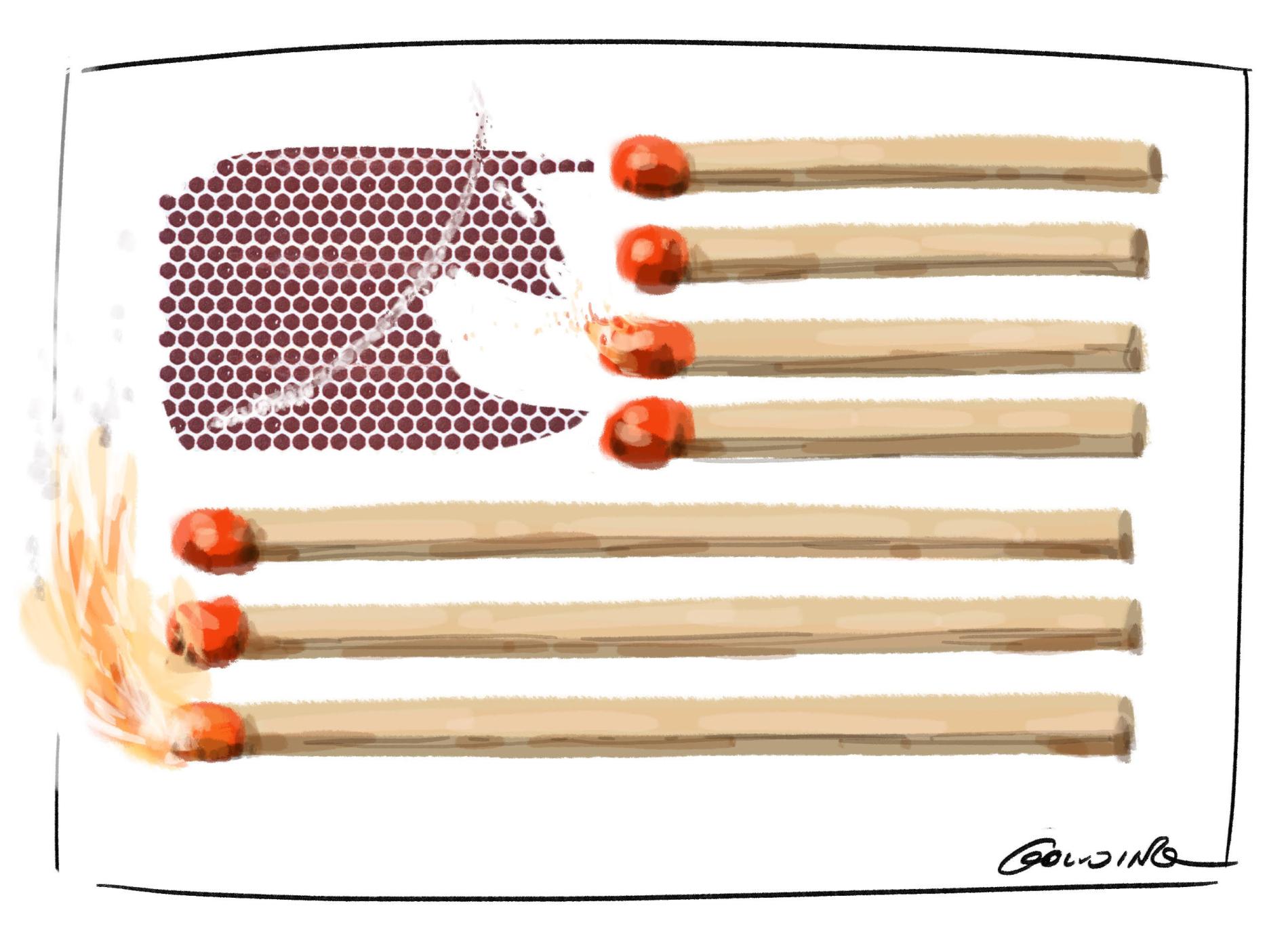 A collage of images makes up the American flag. Top left is President Donald Trump's profile in red matchbox texture. The horizontal stripes are made from matches; the bottom one is on fire and the third from the top has just been lit. 