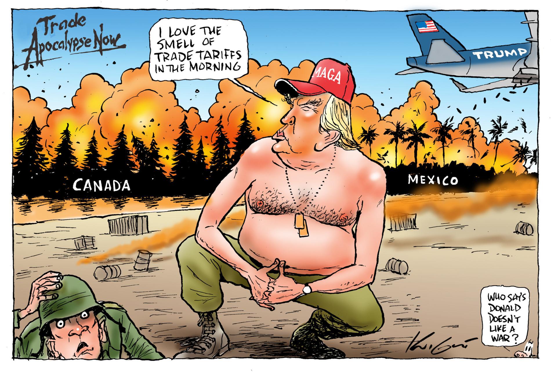 In the style of Apocalypse Now, US President Donald Trump sits in a ruined landscape between Canada and Mexico. He says, 'I love the smell of trade tariffs in the morning.' A cow says, 'Who says Donald doesn't like a war?' 