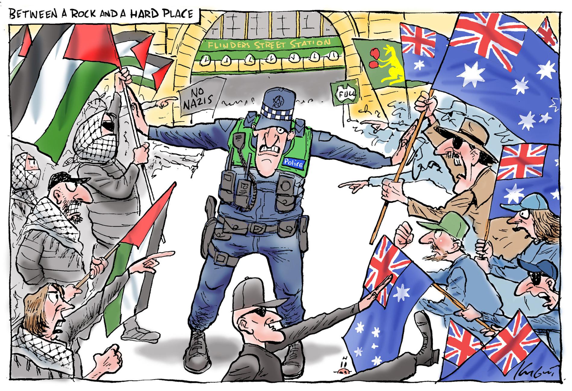Title reads, 'Between a rock and a hard place.' A police officer stands between two groups of protestors: on one side, pro-Palestinians, on the other, people holding Australian flags, in front, a man does the Nazi salute and two-step. 