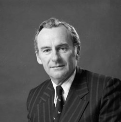 A black and white portrait image showing former politician Bill Hayden.