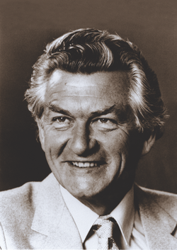 A black and white portrait image showing former prime minister Bob Hawke.