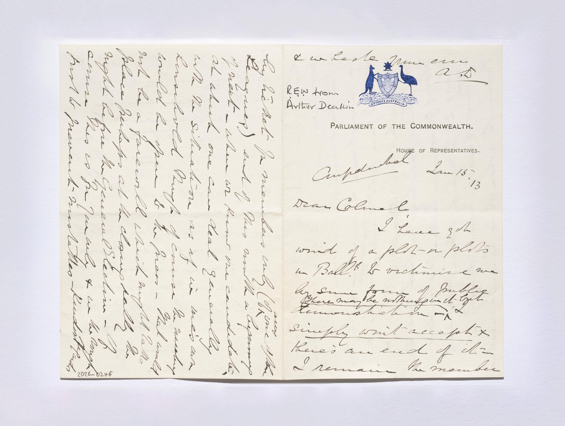 Letters between Alfred Deakin and Colonel Robert Williams