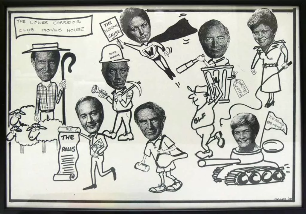 A hand-made collage entitled 'The lower corridor club moves house', depicting various Australian senators.