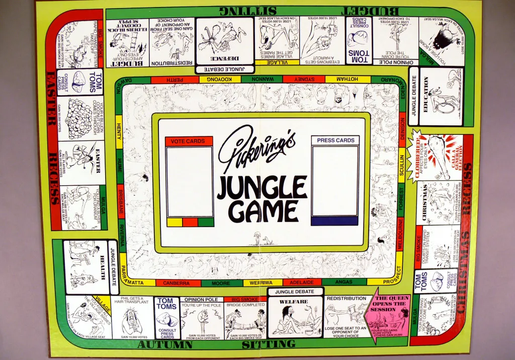 A colourful board game entitled 'Pickering's Jungle Game', illustrated with various political figures and themes.