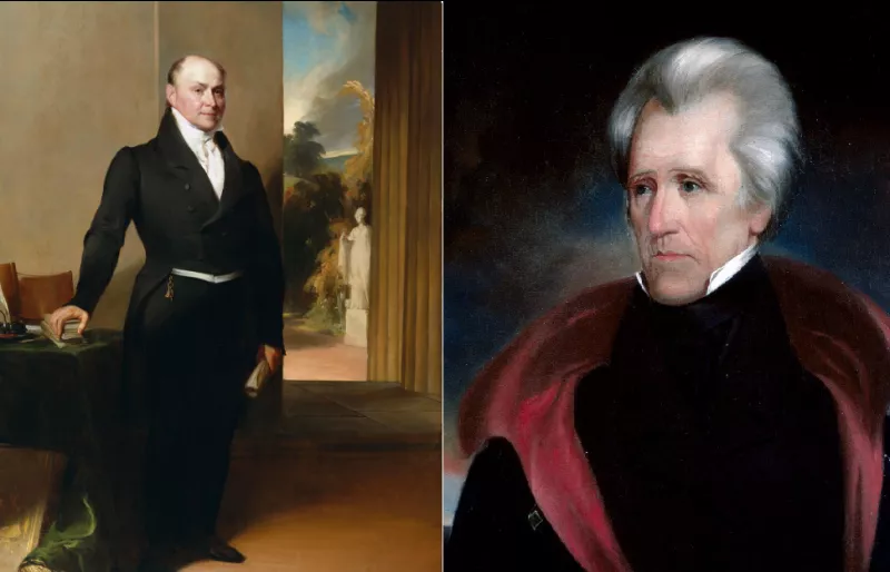  Portrait paintings of John Quincy Adams (on the left) and Andrew Jackson (on the right).)