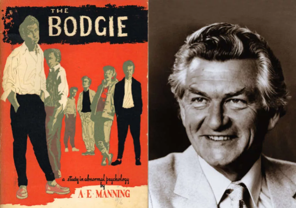 A black and white photo of Bob Hawke next to the cover of a book 'The bodgie: a study in abnormal psychology' depicting young men from the 1950s.