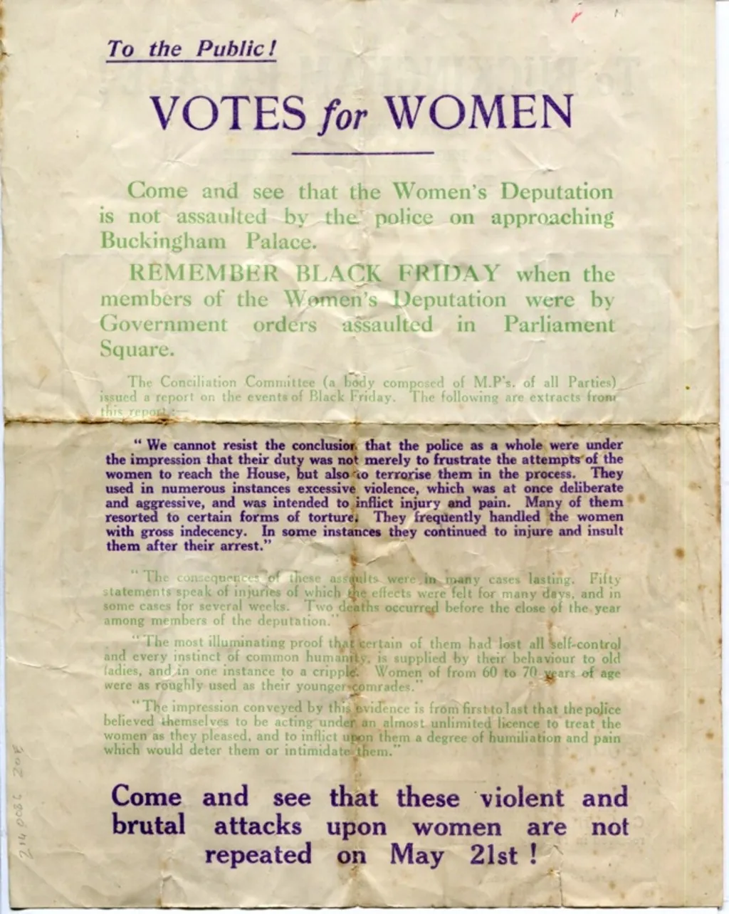 A leaflet printed in green and purple text entitled 'To the public! Votes for Women' and promoting an upcoming suffragette march at Buckingham Palace.