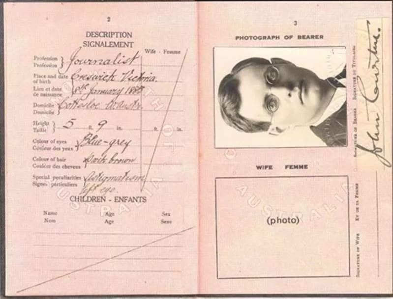 John Curtin’s 1924 passport, listing his height as 5 ft 9 inches (175 cm) and his eyes as blue-grey. 