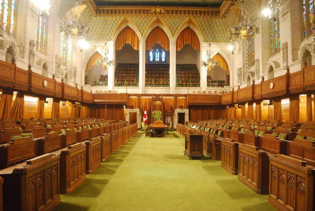 The Canadian House of Commons in Ottawa, viewed along the central green carpet toward the table.