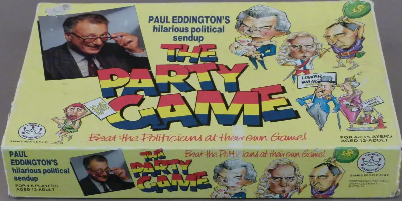 The box for a board game entitled 'Paul Eddington's hilarious political sendup, The Party Game', with illustrations depicting Australian politicians from the '80s.