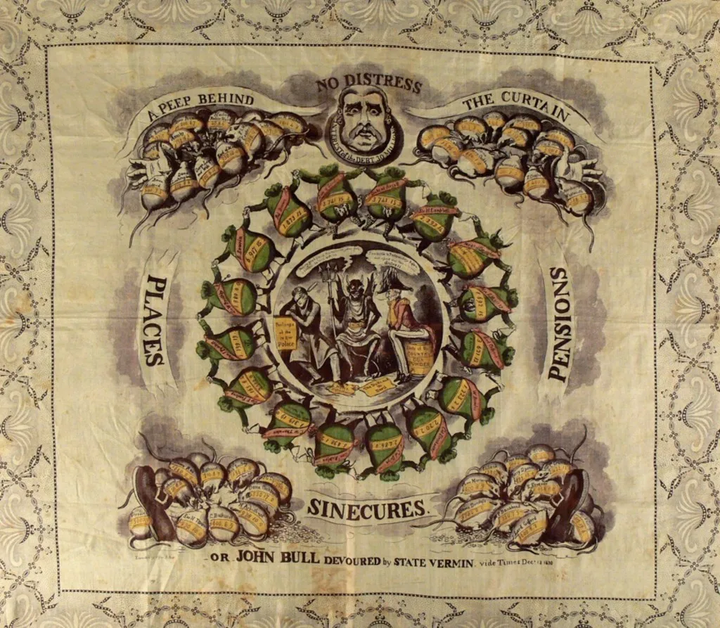 A silk handkerchief, with an ornate patterned border, and an illustration depicting a man being eaten alive by rats whilst a circle of green money bags dances in a ring.