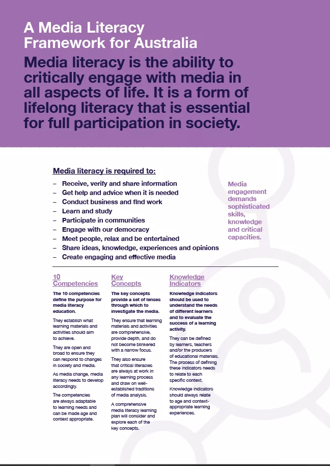 A preview of a resource with a purple and white colour scheme and 3 columns of text about media literacy.