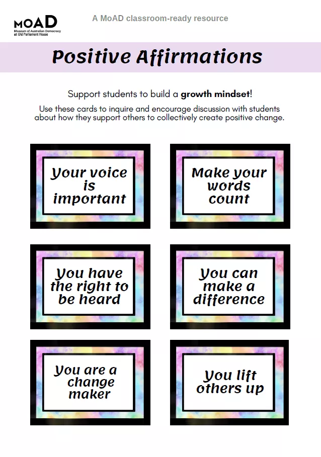 Six boxes with colourful borders with an affirmation written in each box.