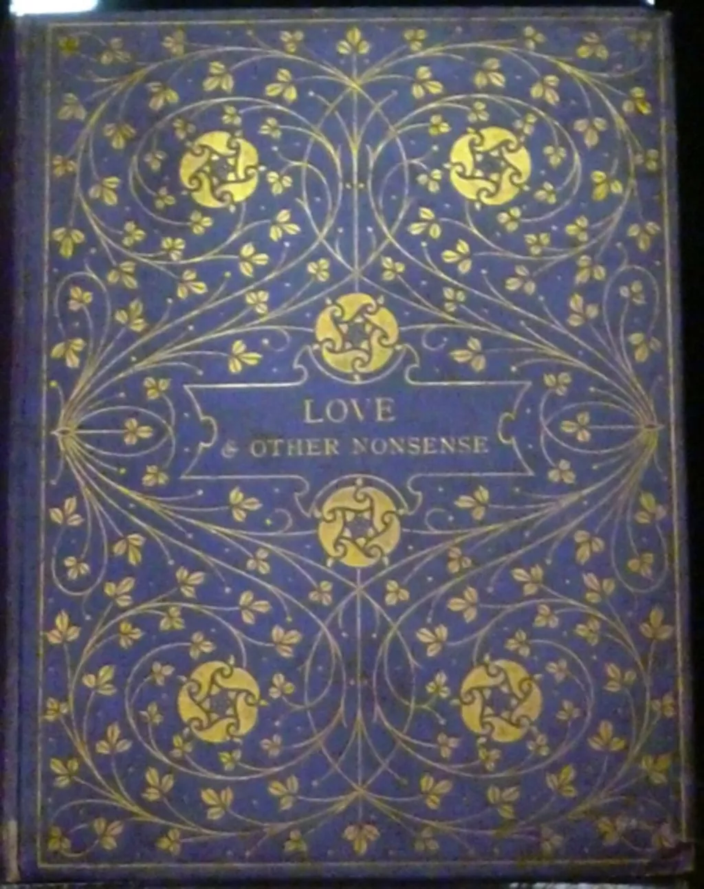 A blue book cover with the title 'Love & other nonsense' and an ornate floral design embossed in gold.