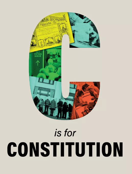 An illustrated letter C with the words C is for constitution.