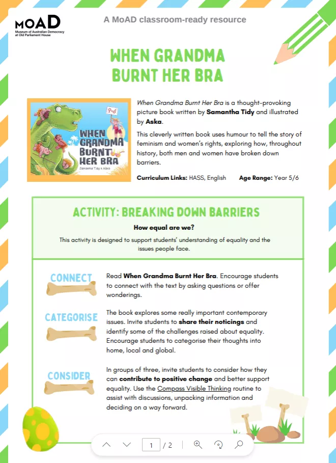 The preview of an activity sheet for students with a heading in green saying 'When grandma burnt her bra' and a series of activities under the heading 'Activity breaking down barriers.'