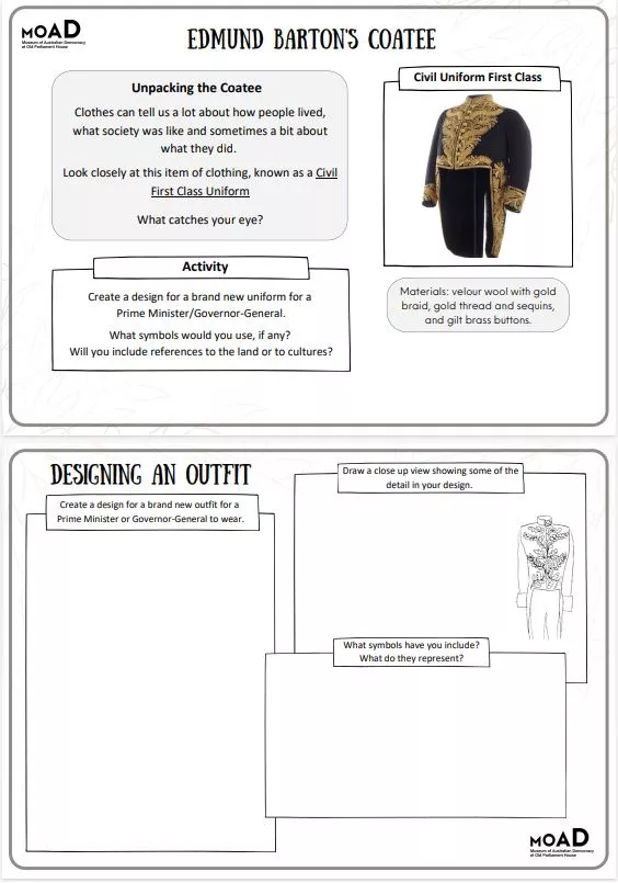 Edmund Barton's coatee activity sheet.