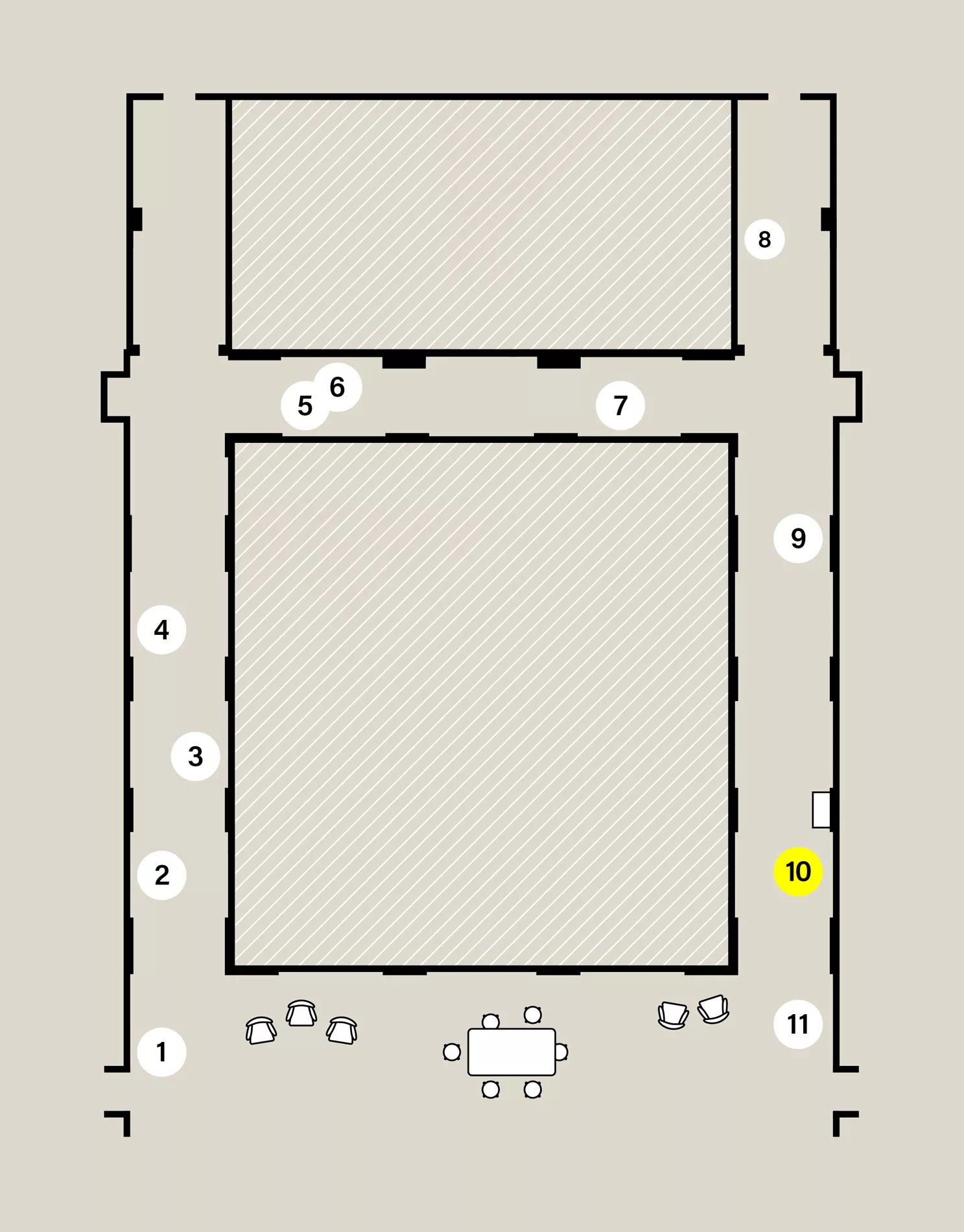 Map of a capital H-shaped exhibition space. Eleven numbered white circles show the location of stops on the audio tour. Stop 10 is highlighted yellow.