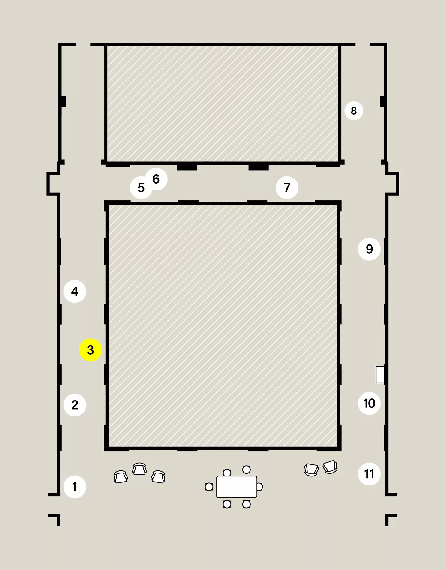 Map of a capital H-shaped exhibition space. Eleven numbered white circles show the location of stops on the audio tour. Stop 3 is highlighted yellow.