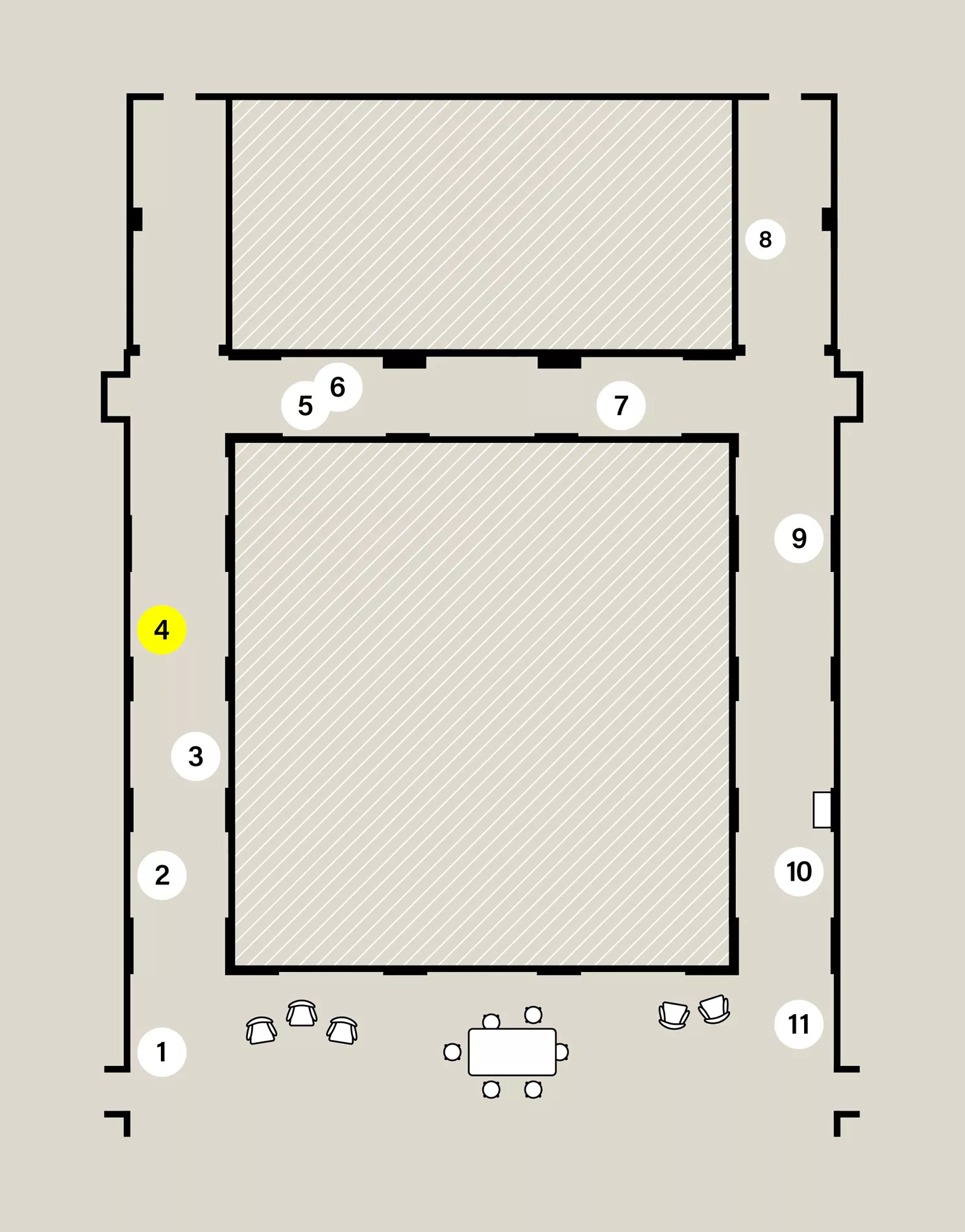 Map of a capital H-shaped exhibition space. Eleven numbered white circles show the location of stops on the audio tour. Stop 4 is highlighted yellow.