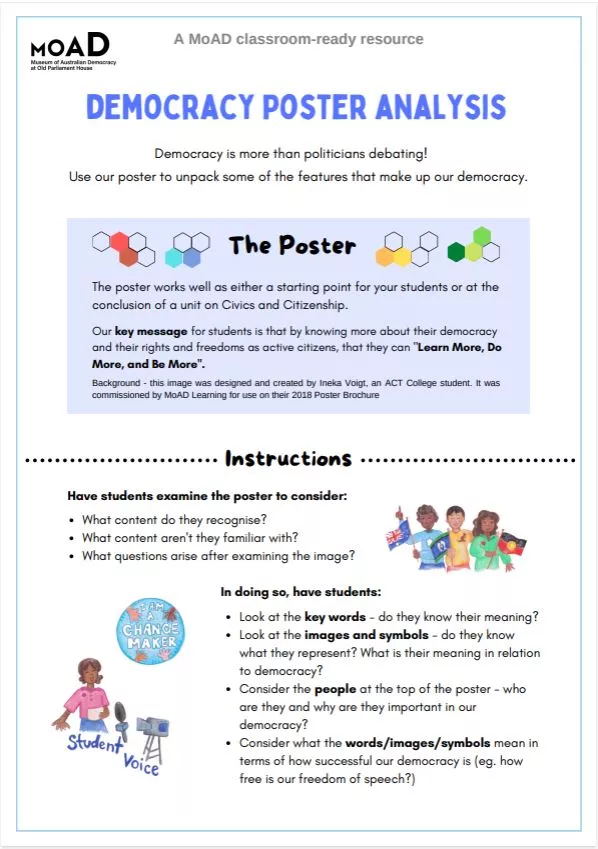 First page of Democracy Poster Analysis activity sheet.