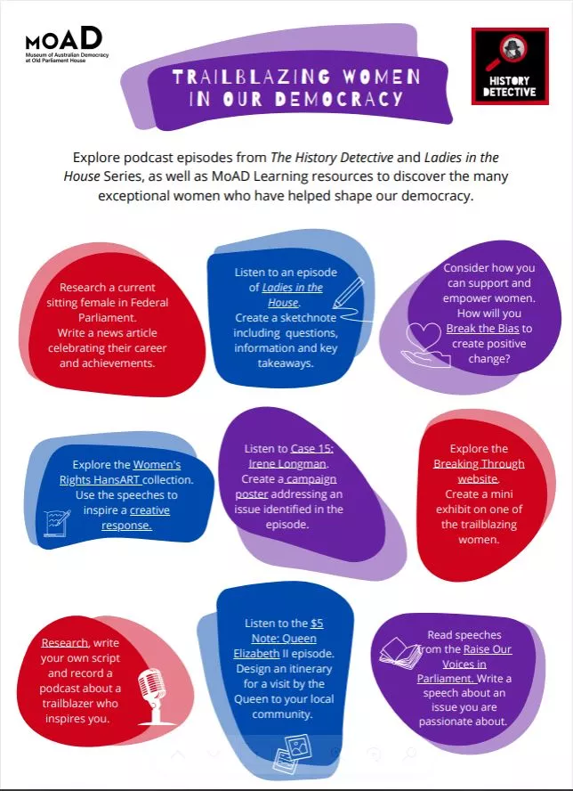 Colours shapes with learning activities about trailblazing women in Australia.