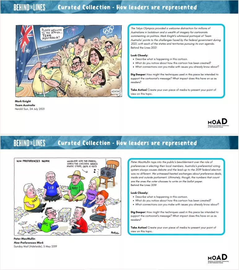 Preview of collections of cartoons about leadership, with description and prompting questions.